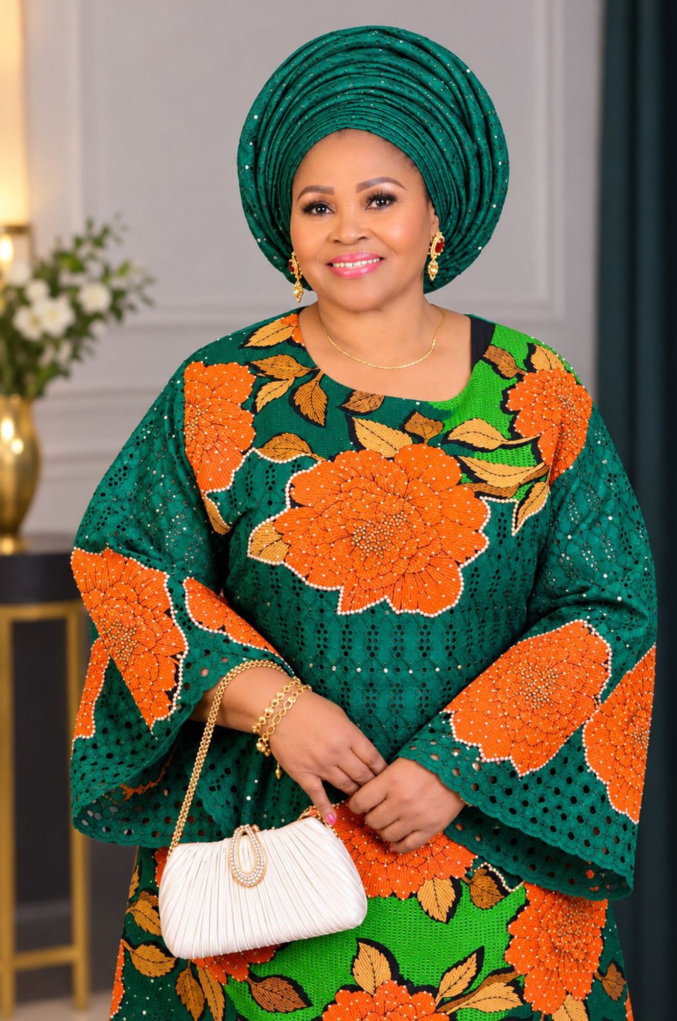 Yeye (Mrs.) Titilayo Alogba, the founder, in a green gele and green and orange lace