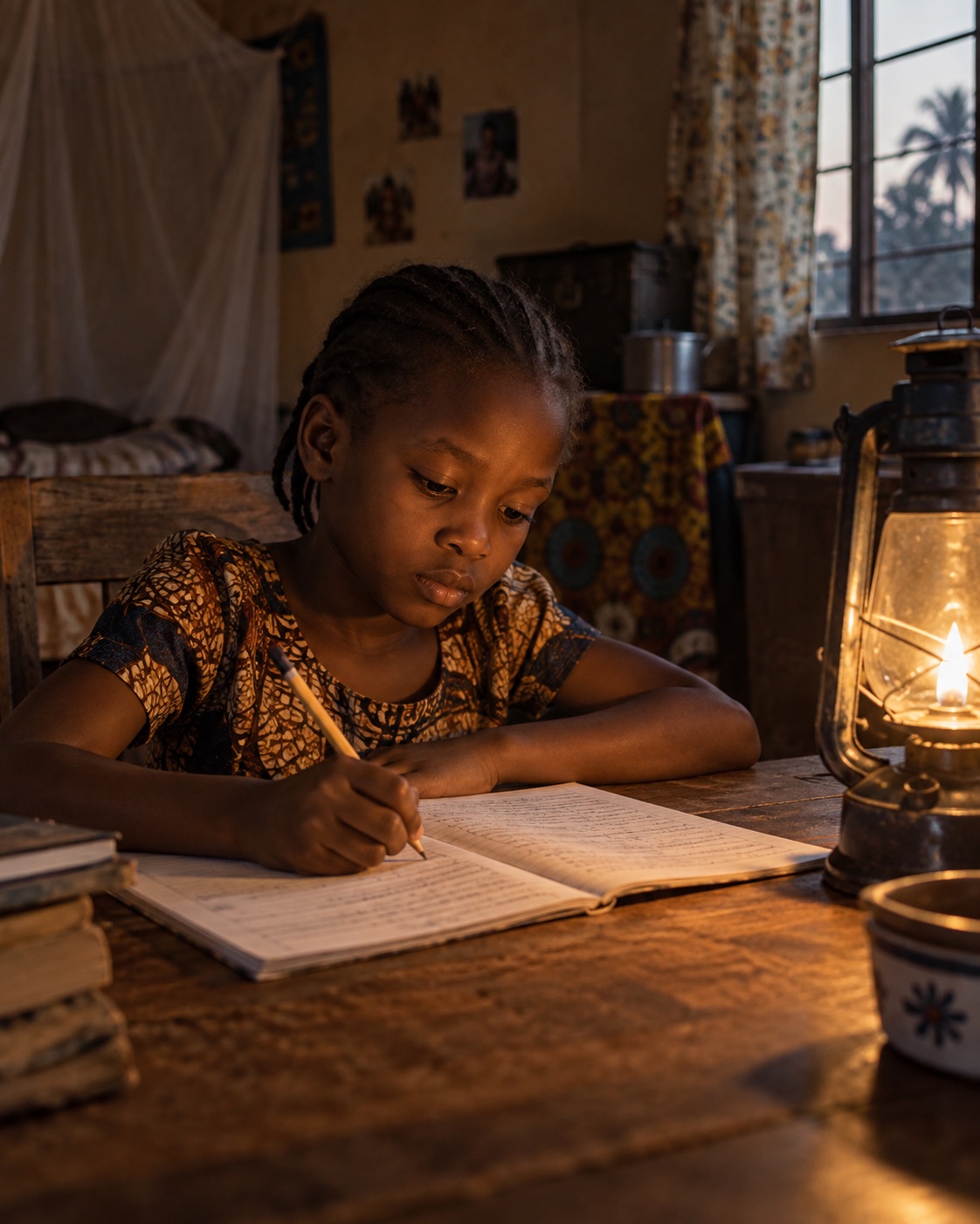 A child doing her homework by lantern light in the evening