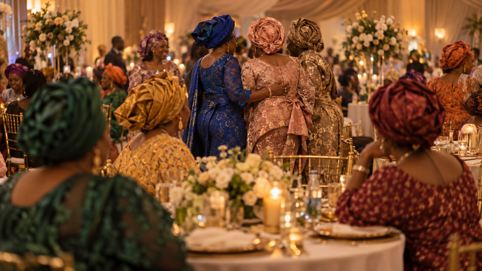 Women together at a Yoruba celebration, in gele and aso-ebi