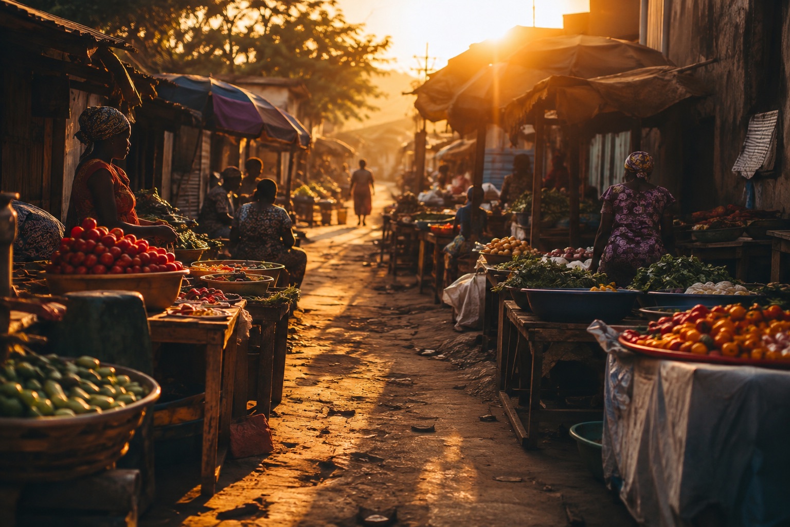 A Lagos market lane at first light, stalls of vegetables along the way