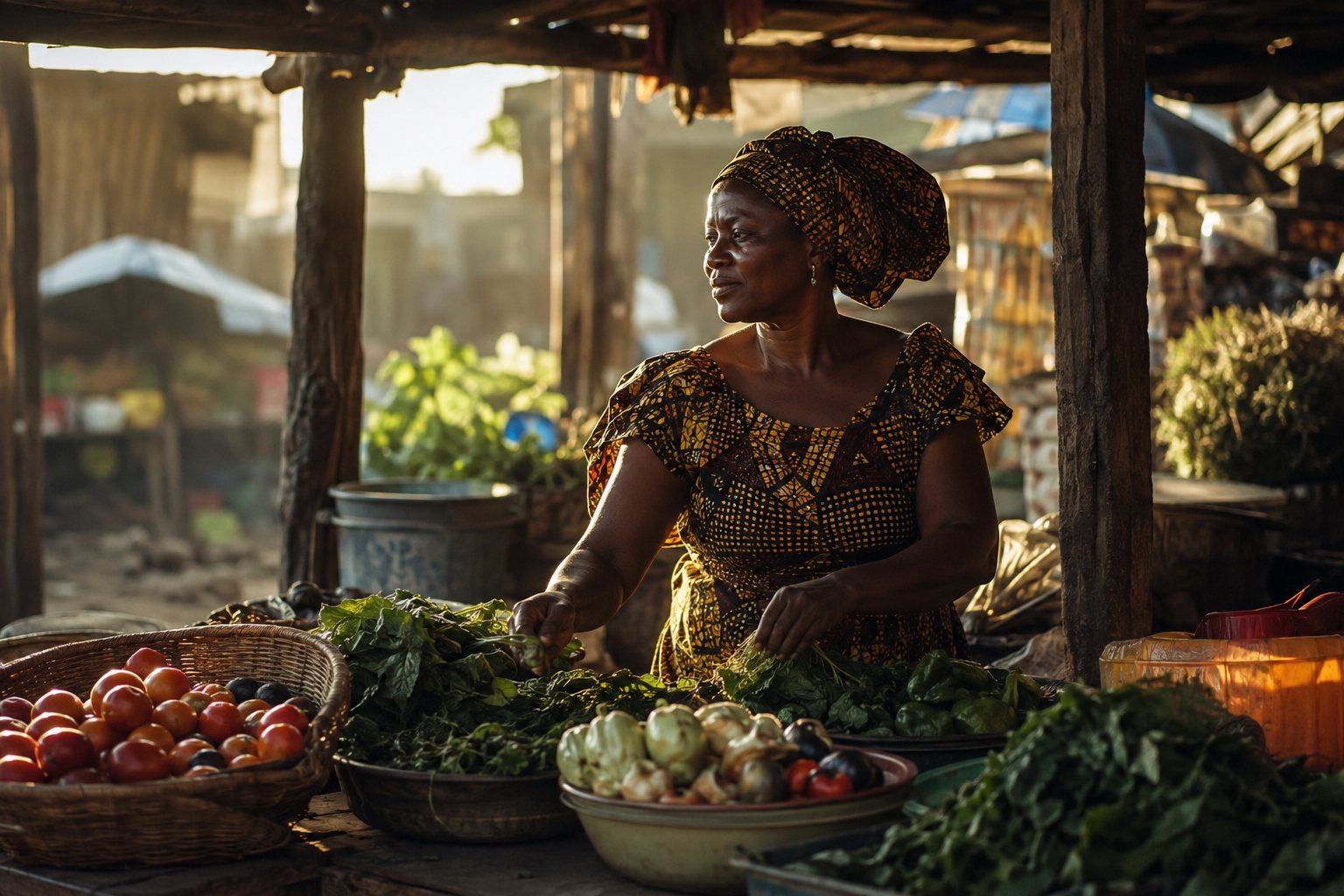 A woman at her vegetable stall in the early morning light